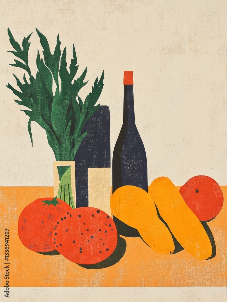 Poster a colorful still life of fruits and vegetables arranged on a table
