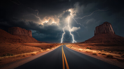 dramatic desert landscape features winding road flanked by towering rock formations, illuminated by striking lightning against