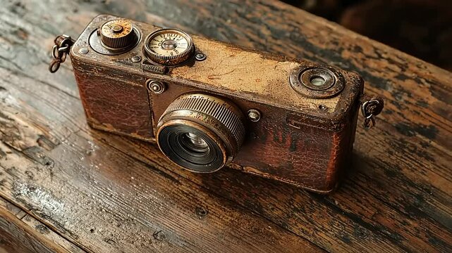 A weathered antique camera with a leather case, rests on a wooden surface.