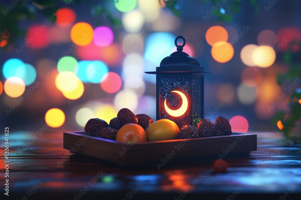 Poster a still life image of a tray with fruit and a lantern on a table, great for use in lifestyle or comm
