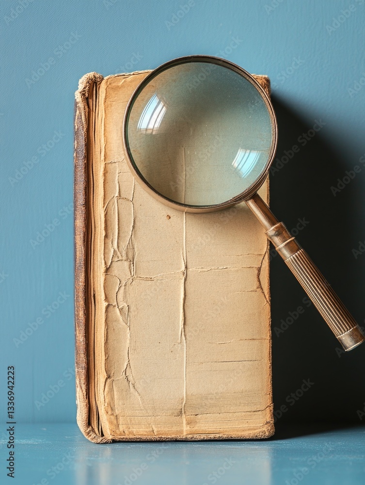 Poster a magnifying glass placed on top of an open book, ideal for use in educational or research settings