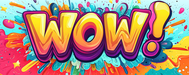  A striking WOW typography in an energetic and playful sticker-style design, featuring vibrant colors, abstract paint splashes, and an expressive artistic composition.