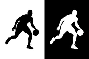 Dynamic Basketball Player Silhouette Icon Dribbling Action in Black & White.