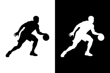 Dynamic Basketball Player Silhouette Icon Dribbling Action in Black & White.