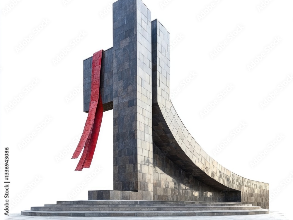 Poster tall structure with a vibrant red ribbon at the summit, suitable for use in architecture or construc