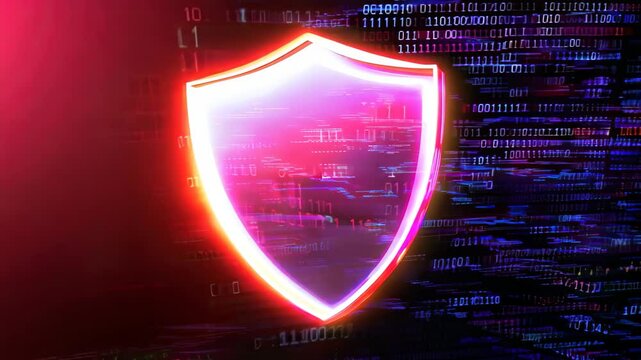 A vibrant digital shield representing cybersecurity, set against a colorful abstract background. This image conveys themes of protection and digital safety in a modern context.