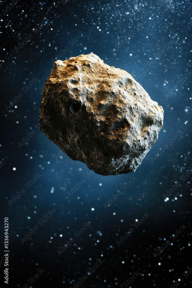 Poster a large rock soaring through the atmosphere, with clouds and sky in the background