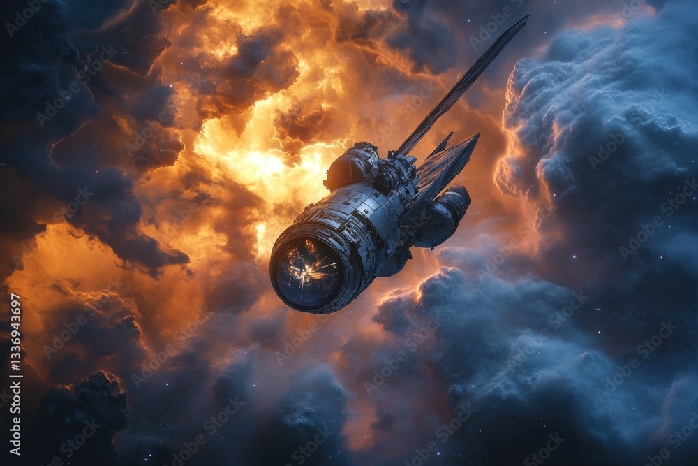 Poster a space station orbits the earth amidst a cloudy sky, offering a glimpse of technological advancemen