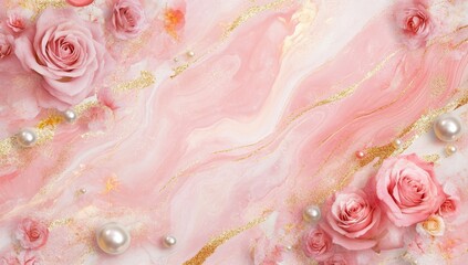 Delicate pink roses, pearls, and gold glitter on a marbled background