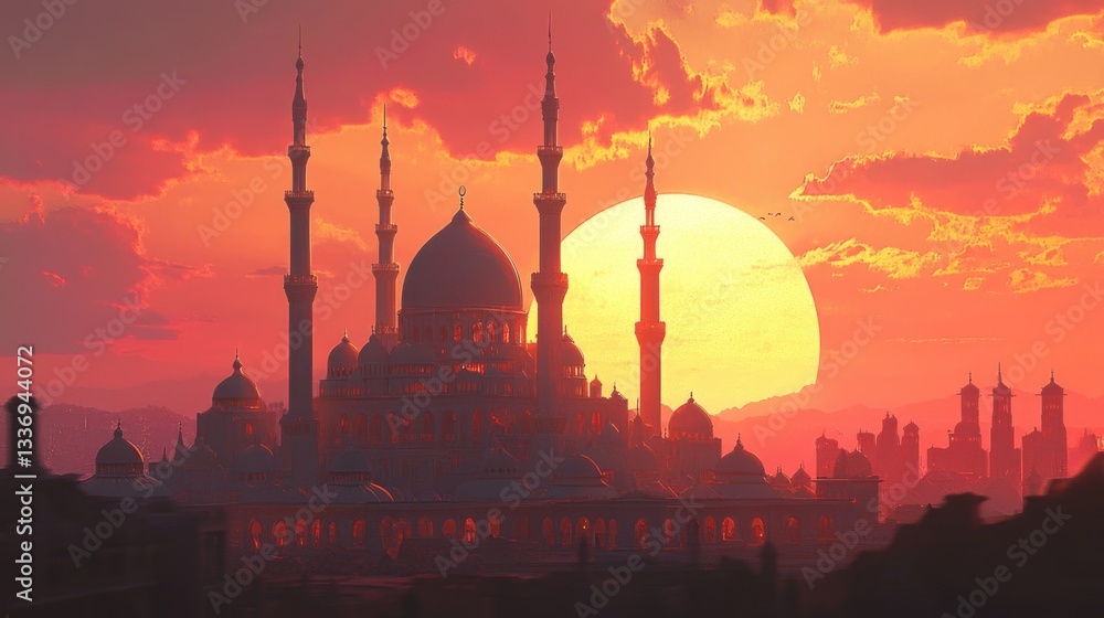 Poster A sunset scene with a large building in the background
