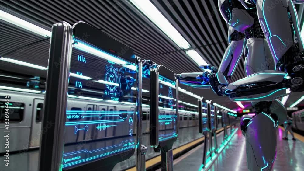 Poster advanced robot performing maintenance in a futuristic subway station environment