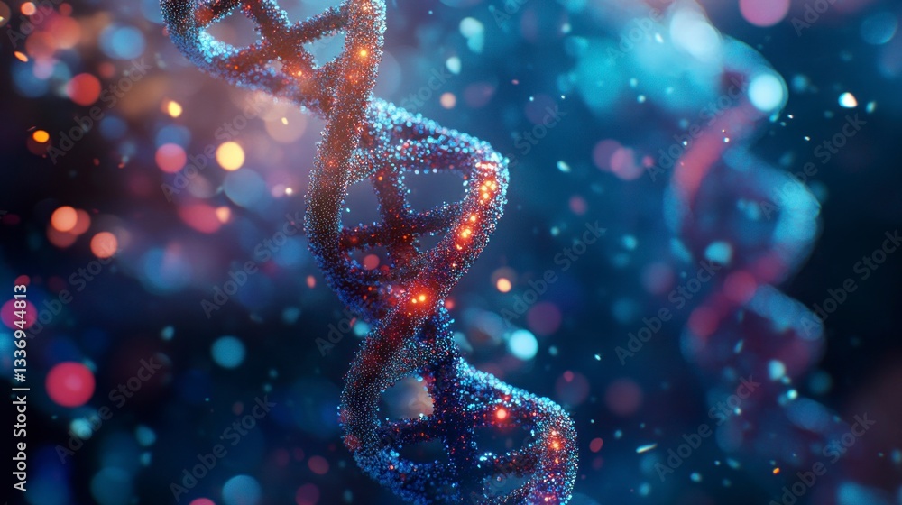 Poster dna strand illustration with abstract glowing particles for science visualization
