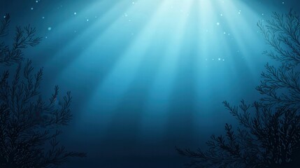Underwater Scene Sunbeams Illuminate Dark Ocean Depths Silhouetted Seaweed