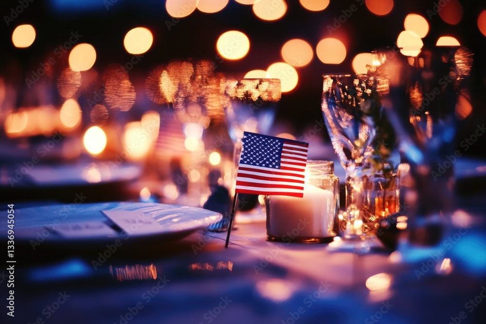 Poster a small american flag placed on a table with a lit candle, symbolizing patriotism and unity