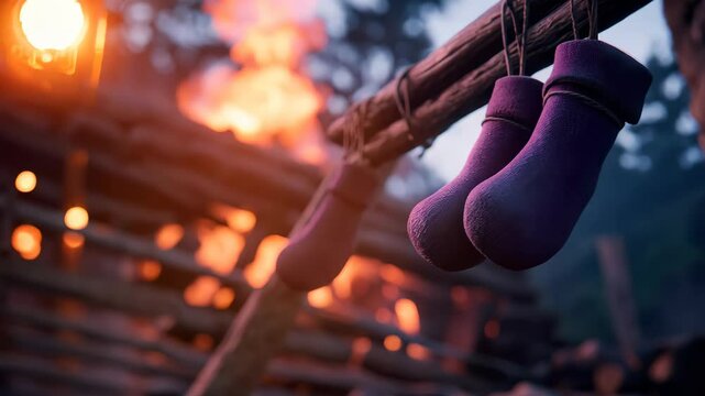 A pair of cozy handmade socks hang near a campfire, showcasing warm textures and rustic charm in a serene natural environment. Perfect for outdoor enthusiasts.