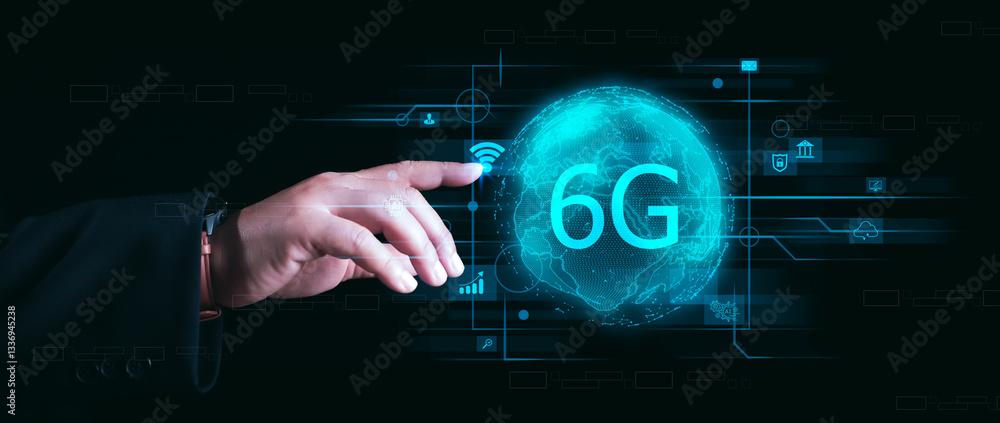 Poster businessman holding global network connection on 6g technology and futuristic advancement, uture tec