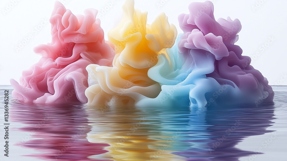 Poster soft, colorful abstract formations floating on a calm surface, creating a serene and dreamy atmosphe