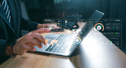 AI Technology. Businessman touch brain working data and Algorithm of Artificial Intelligence in the...