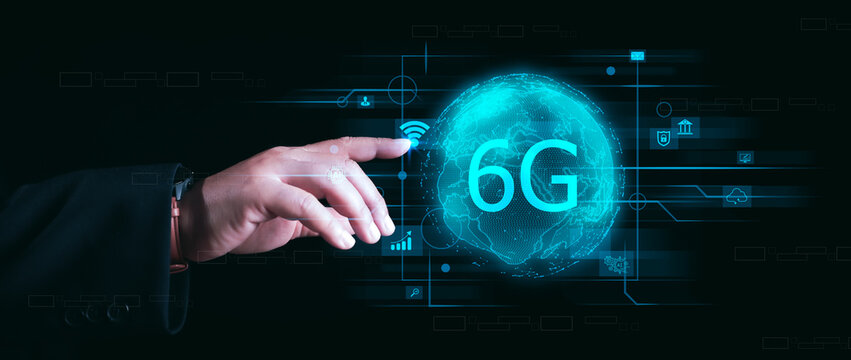 Businessman holding global network connection on 6G technology and futuristic advancement, uture technology 6G network internet of thinks connection communication, high-speed internet network signal.