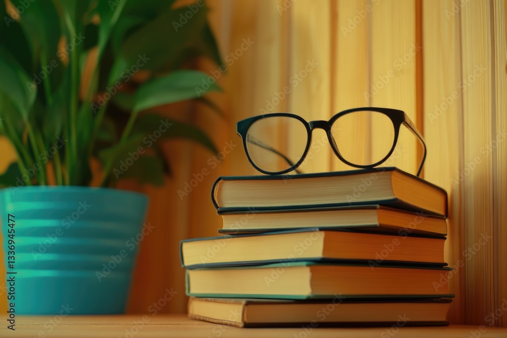 Poster a stack of books with reading glasses sitting on top, great for representing a love for reading or s