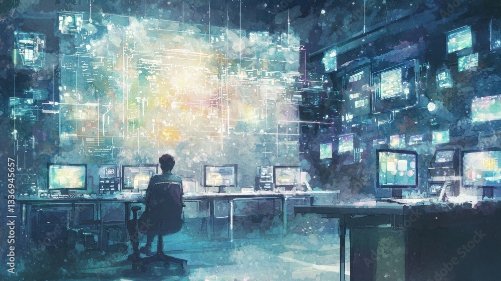 Poster a person sits in a chair surrounded by multiple screens displaying data and visuals. the dark room i