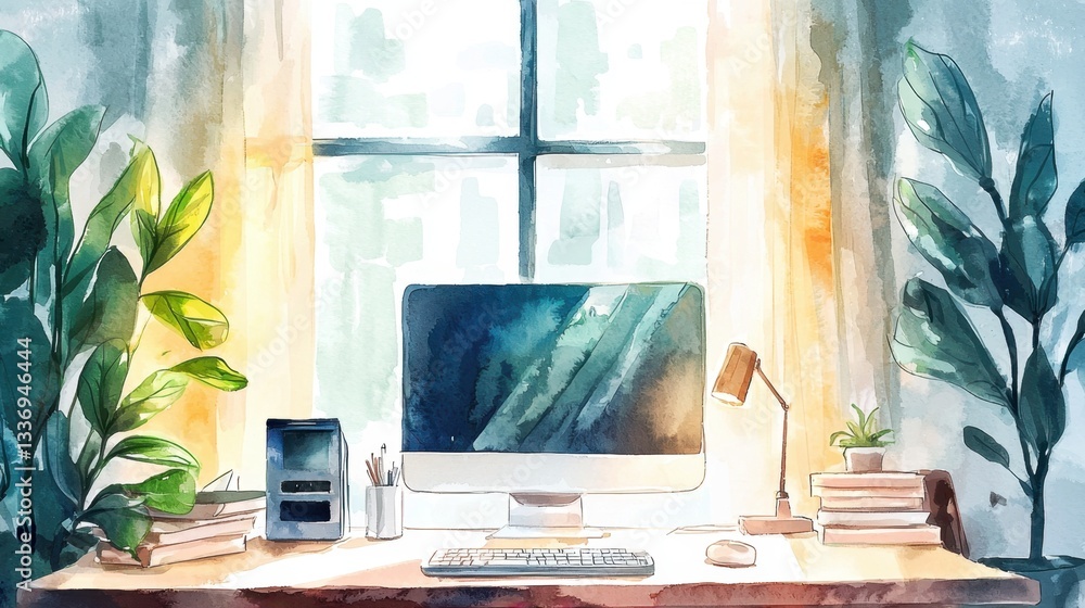 Aufkleber this warm and inviting workspace features a computer on a desk surrounded by lush green plants and s