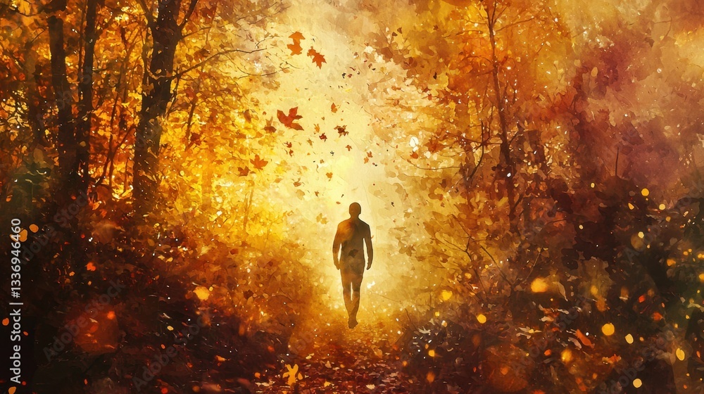 Poster a person walks alone along a forest path surrounded by vibrant autumn leaves. the sunlight filters t