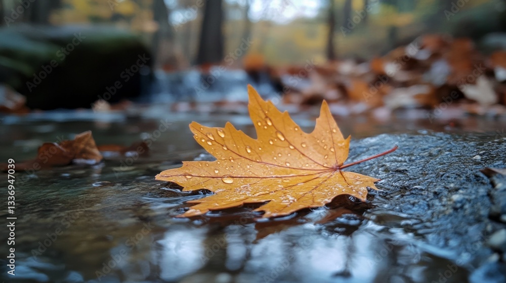 Poster water droplets shimmer on the surface of a golden leaf, gently placed on a rock by a flowing stream.