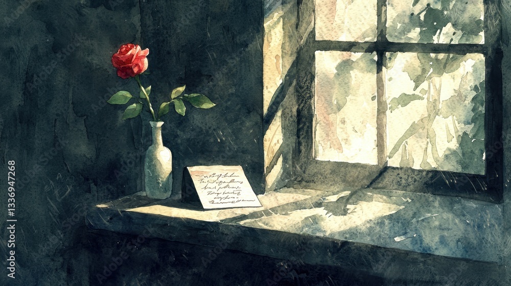 Poster soft sunlight streams through a rustic window, casting gentle shadows on a wooden table. a single re