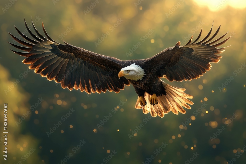 Poster a bald eagle soaring through the air with its wings open, free and unencumbered