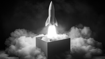 A black and white photo of a rocket taking off