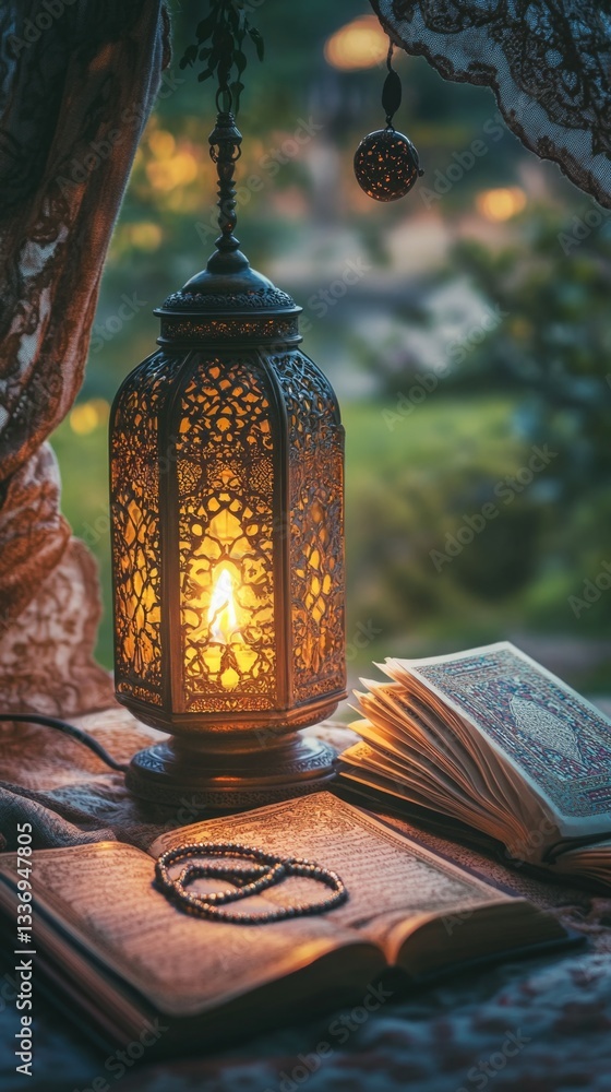 Poster An open book placed on a table beside a lamp, ideal for illustrations or designs related to reading and learning