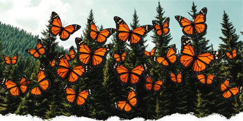 Stunning Monarch Butterflies in Flight Over Lush Evergreen Forest Landscape – Vibrant Nature Scenery with Orange and Black Winged Insects in Serene Wilderness