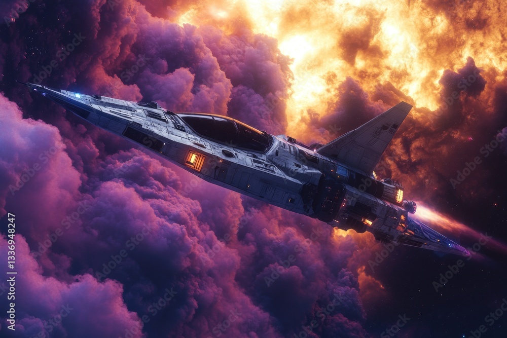 Poster a fighter jet soaring through the clouds with a clear blue sky in the background