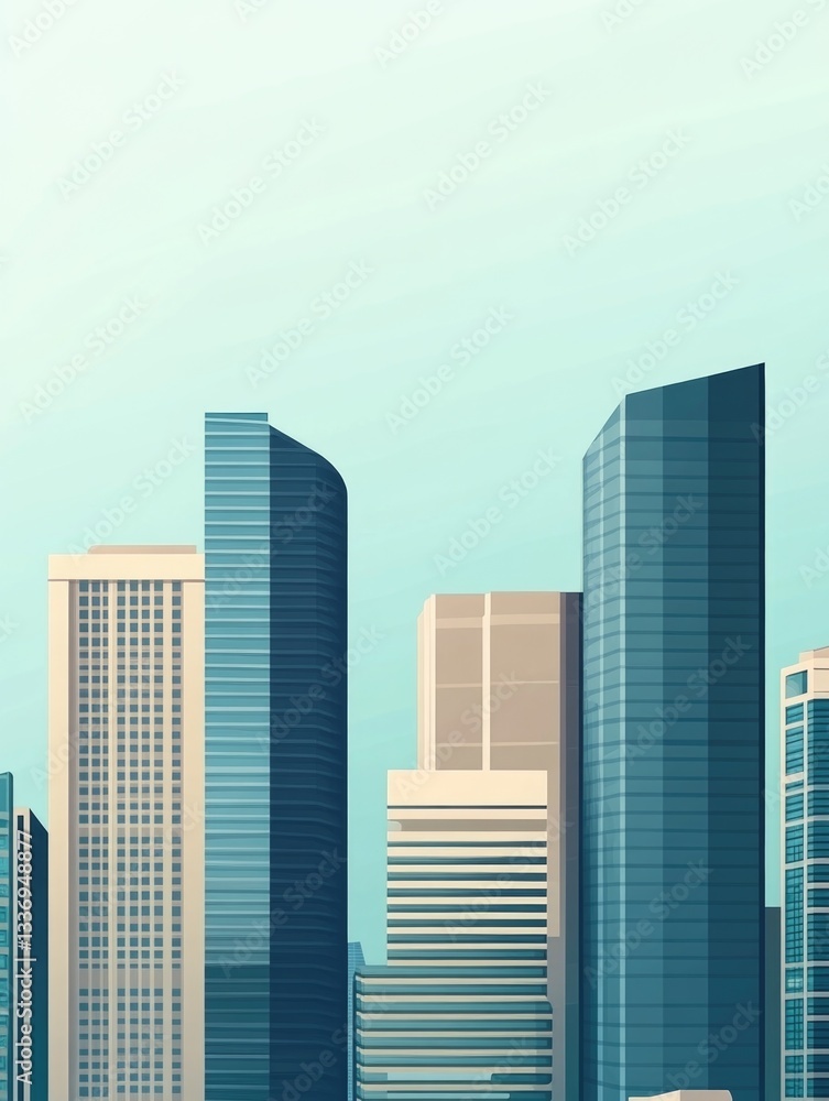 Poster a view of a city with tall skyscrapers and urban architecture
