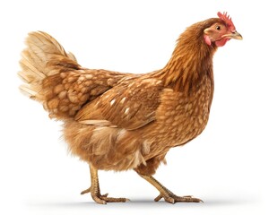 Fototapeta premium Fully Feathered Brown Chicken Standing Upright with Detailed Plumage on a White Background