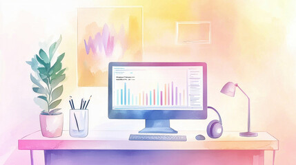 Fototapeta premium A well-organized home office features a computer displaying colorful data visualizations, a leafy plant, and stylish desk accessories, creating an inspiring workspace