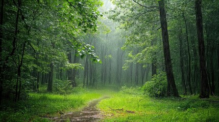 Obraz premium Enchanted Forest Rain: A Serene Path Through Lush Green Woods