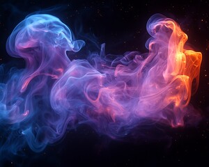 Obraz premium Abstract colorful smoke swirls and floating light particles over darkness
