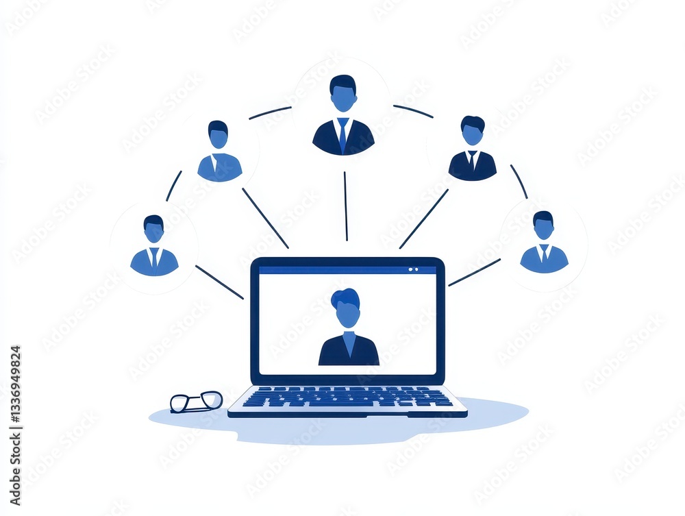 Poster illustration of virtual collaboration with a laptop connecting multiple users online