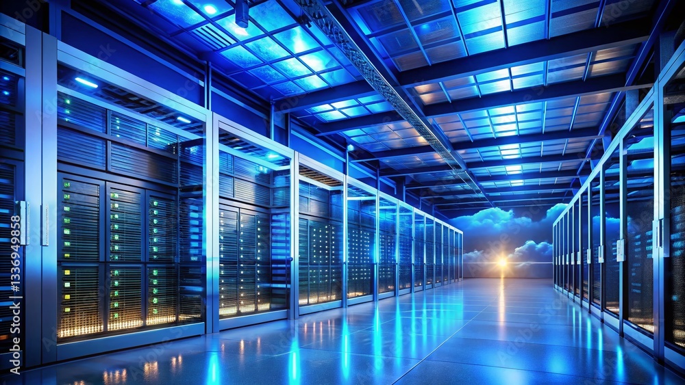 Poster abstract blue cloud computing data center architecture, server racks & network