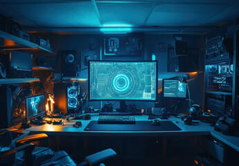 Naklejka premium This workspace features an advanced computer setup with multiple screens, blue ambient lighting, and complex technology for optimized productivity