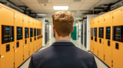 image features man in suit standing in corridor lined with yellow lockers and server equipment, suggesting high tech environment. scene conveys sense of professionalism and technology