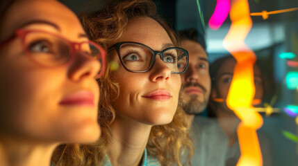 Engaged group of people observing colorful light display, showcasing curiosity and wonder. Their expressions reflect fascination with vibrant visuals