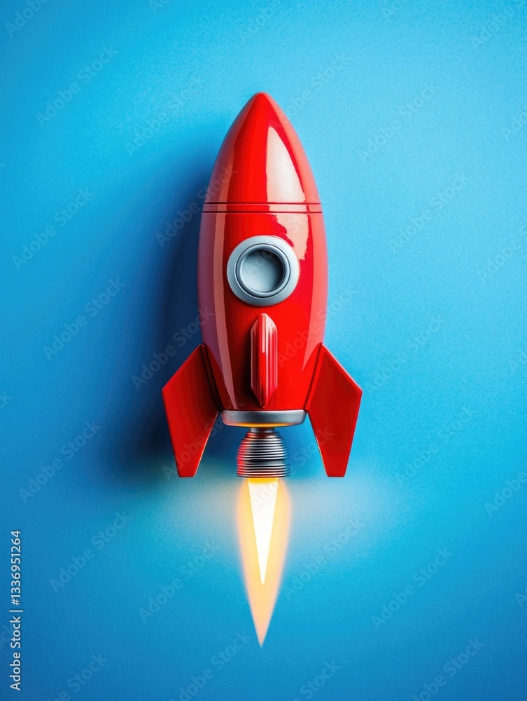Aufkleber a red rocket ship soaring through the sky with flames and smoke trailing behind
