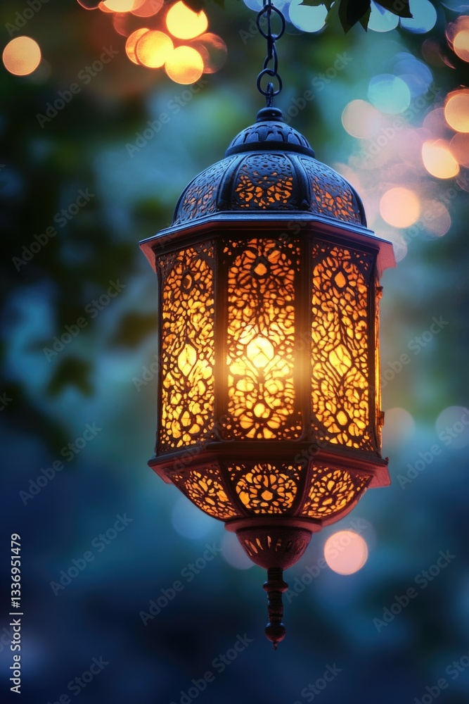 Aufkleber A lantern hangs from a tree branch with lights shining in the background