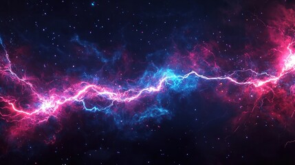 Fototapeta premium Cosmic Energy: A vibrant nebula with electric pink and blue lightning streaks across a dark space background, filled with twinkling stars.