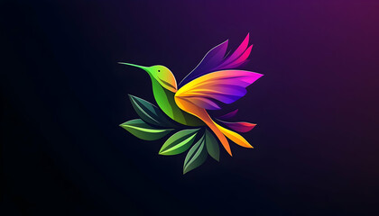 Colorful hummingbird illustration in vibrant hues, surrounded by stylized leaves on a dark background