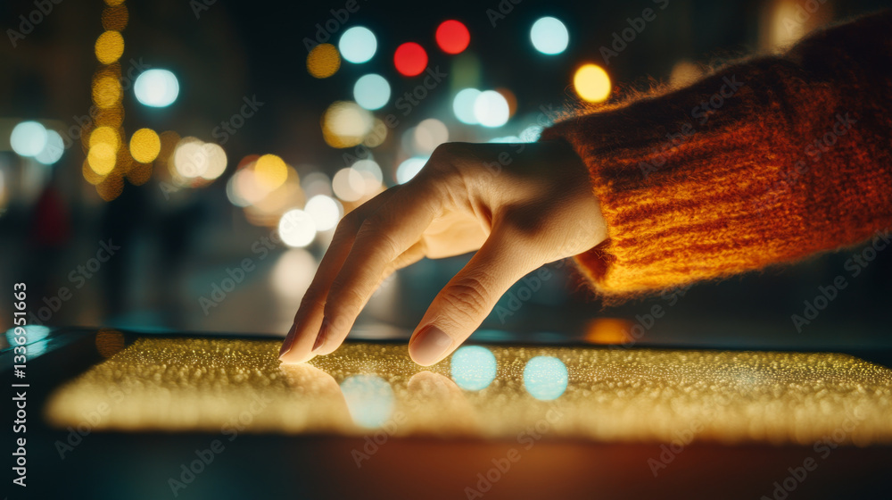 Poster hand gently touches glowing surface at night, surrounded by colorful bokeh lights, creating warm and