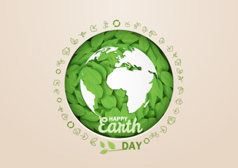 Happy Earth Day Eco Concept with Green Leaves and Sustainability Icons. Illustration. vector.